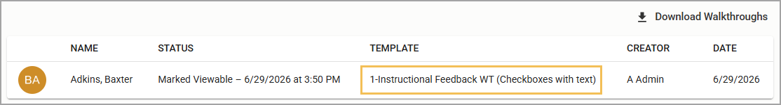 List of walkthroughs with status and creator details displayed.